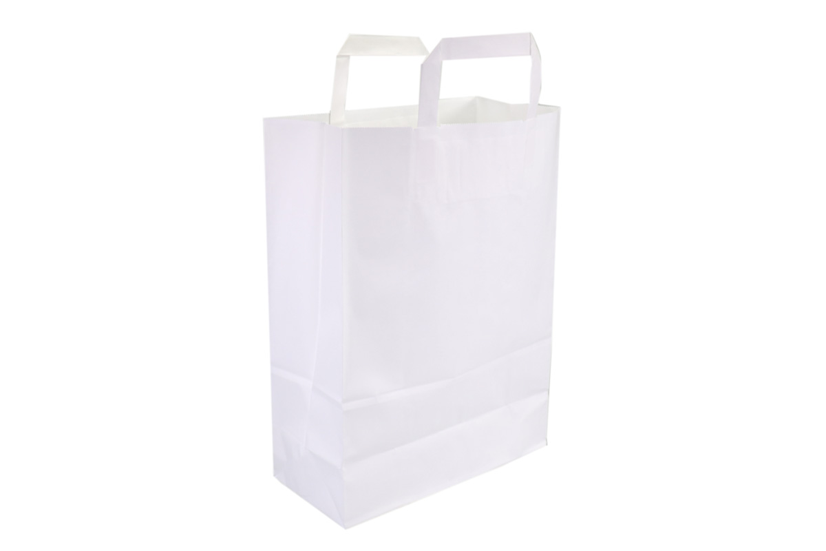 Papier Tragetaschen weiß - 260 x 120 x 350mm x 70gr (250st) Papier Tragetaschen weiß - 260 x 120 x 350mm x 70gr (250st)