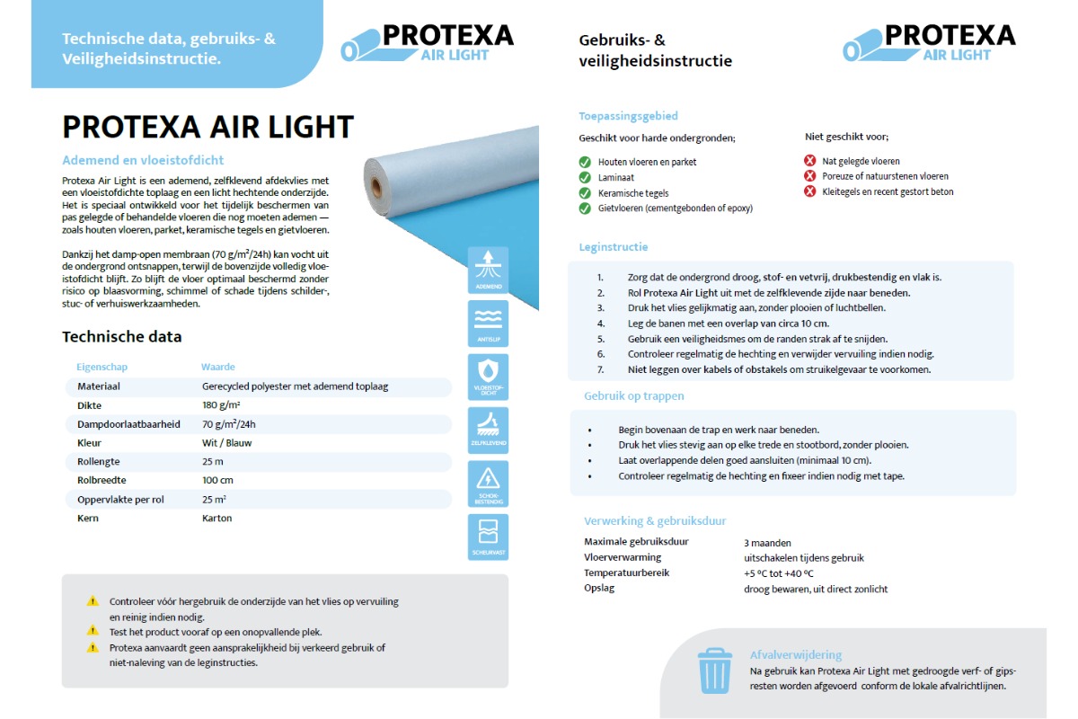 Vloer afdekvlies AirLight ademend en zelfklevend - 100cm x 25m x 180gr
