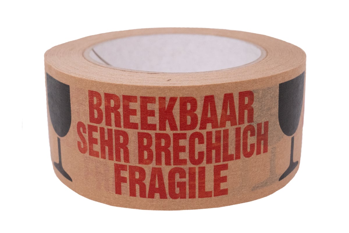 Papierklebeband 50 mm x 50 m "zerbrechlich" schwarz/rot - 3 Sprachen
