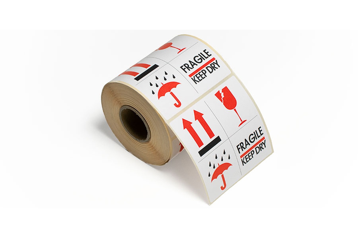 Etikettenspender klein mit Etiketten Fragile / Keep dry - für 1 Rolle 11,4 cm breit
