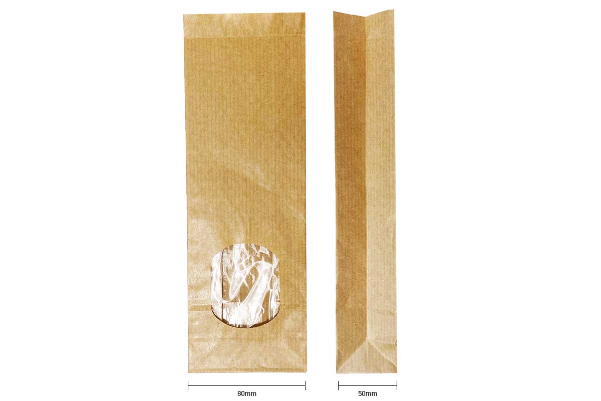Blockbodenbeutel Kraft mit Fenster - 80 x 50 x 250mm (100 st)