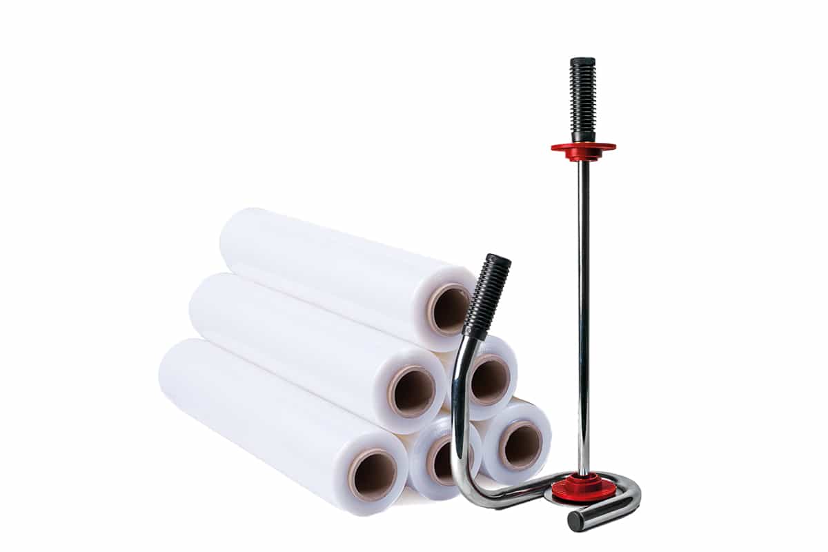 Handstretchfolie transparent - 50cm x 300m x 20my (6st) + Chrom-Spender Handstretchfolie transparent - 50cm x 300m x 20my (6st) + Chrom-Spender