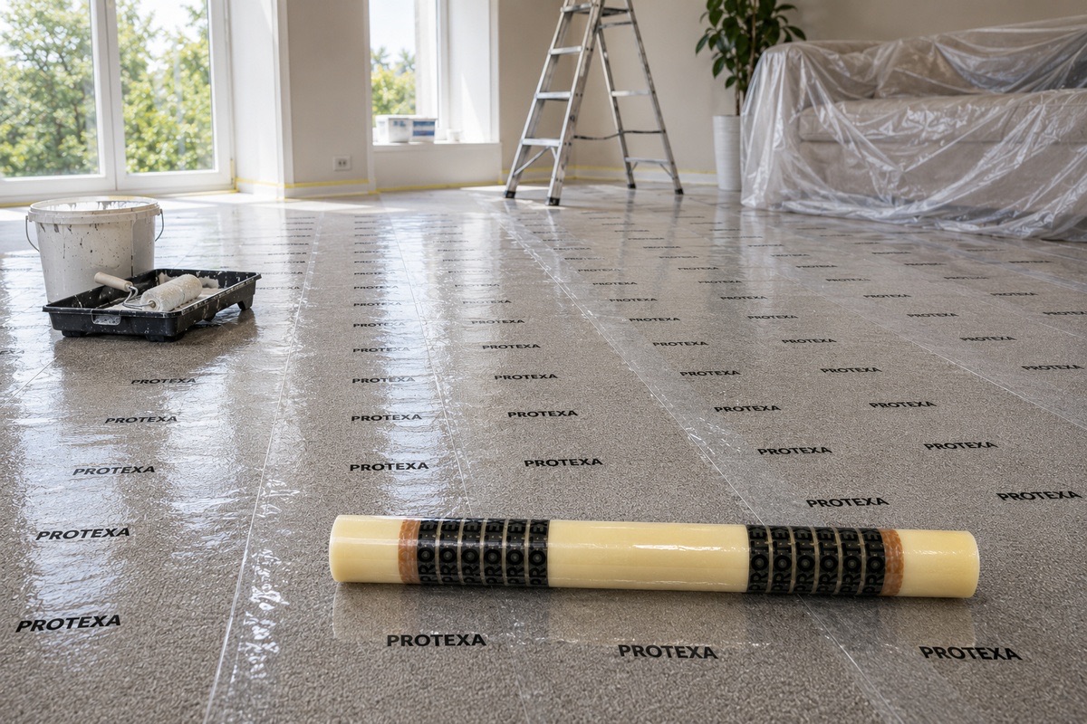 Protexa Teppich-Eco-Abdeckfolie, selbstklebend – 120 cm x 60 m x 60 my